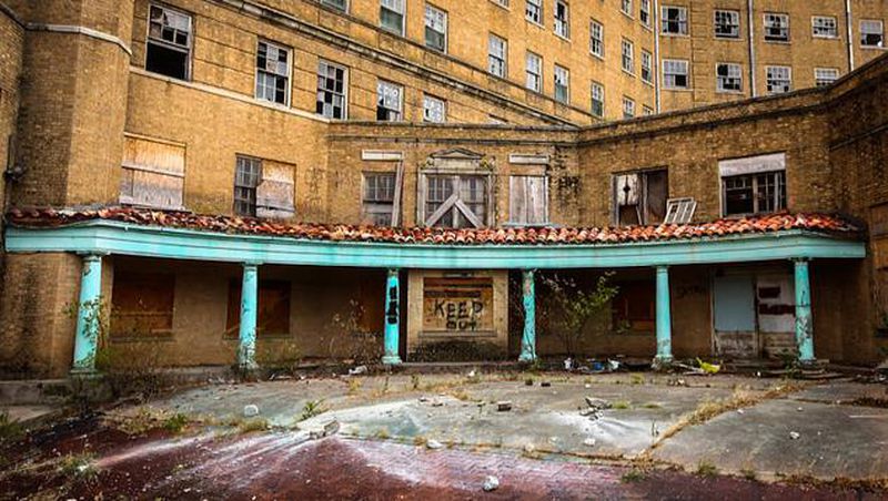 A side entrance at the once-opulent Baker Hotel in Mineral Wells, Texas. The abandoned and decayed hotel is reportedly haunted, although there are plans to revive the 14-story hotel and spa.