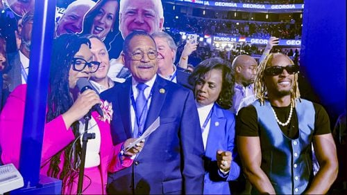 Atlanta rapper Lil John joins the Georgia delegation roll call at the Democratic National Convention. (Tia Mitchell / AJC)