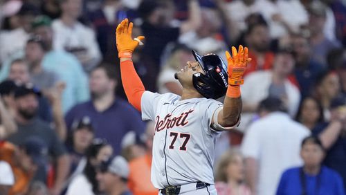 Detroit Tigers' Andy Ibanez celebrates his bases-clearing double against the Houston Astros in the eighth inning of Game 2 of an AL Wild Card Series baseball game Wednesday, Oct. 2, 2024, in Houston. (AP Photo/Kevin M. Cox)