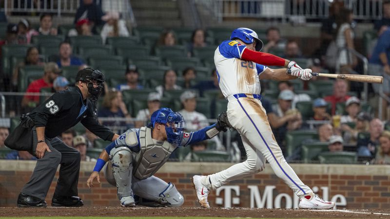 Atlanta Braves' Matt Olson swings at a pitch called strike in the fourth inning of a baseball game against the Kansas City Royals, Saturday, Sept. 28, 2024, in Atlanta. (AP Photo/Jason Allen)