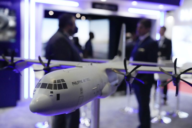 A model of a Philippine Air Force plane is on display at the Asian Defense and Security Exhibition in Manila, Philippines, Wednesday, Sept. 25, 2024. (AP Photo/Aaron Favila)