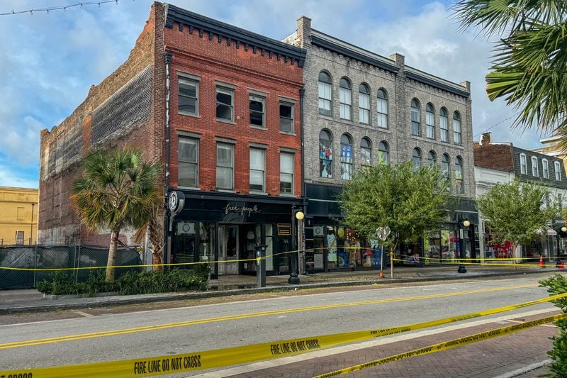 Police tape blocking off part of Broughton Street due to a collapsed building on Friday, September 27, 2024 in Savannah, GA. (AJC Photo/Katelyn Myrick)
