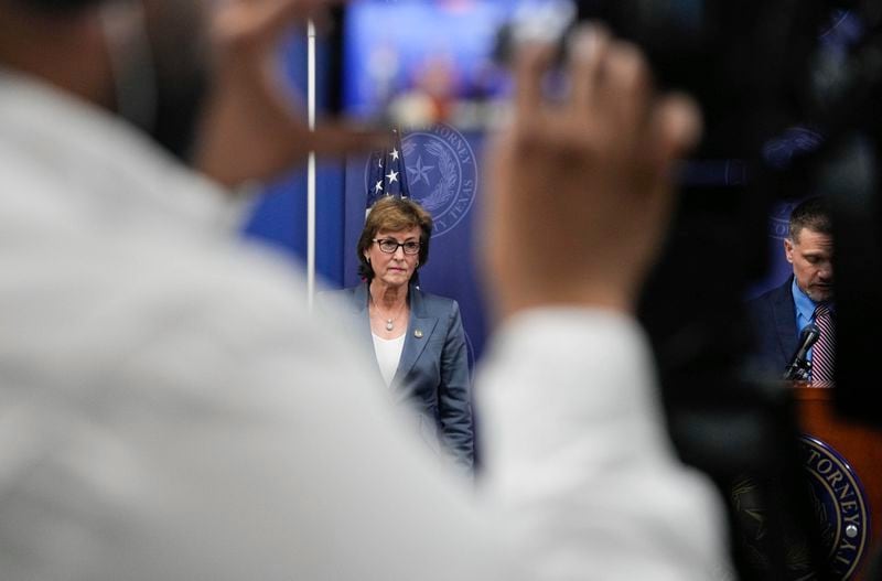 Harris County District Attorney Kim Ogg announces corruption charges related to 2022 Election during a press conference on Tuesday, Aug. 13, 2024, in Houston. Prosecutors will pursue criminal charges against a county employee who was allegedly working a second job while polls ran out of paper ballots. (Raquel Natalicchio/Houston Chronicle via AP)