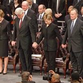 Four U.S. presidents and a U.S. senator attended the funeral service for Coretta Scott King, wife of Dr. Martin Luther King, Jr., at the New Birth Missionary Baptist Church on Feb. 6, 2006. From left President George W. Bush, First Lady Laura Bush, Bill Clinton, Sen. Hillary Clinton, George H.W. Bush, Jimmy Carter and his wife, Rosalynn.