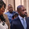 Attorney Alphonso David, gives a statement as Fearless Fund co-founder Arian Simone, CEO, left, and others participate in the press conference after appearing in federal court at the James Lawrence King Federal Justice Building in Miami, Florida, on Wednesday, January 31, 2024.