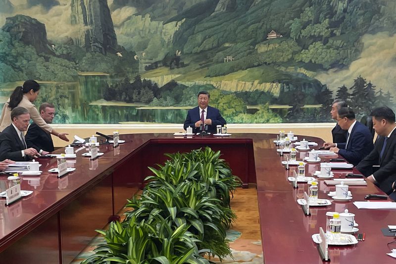 White House national security adviser Jake Sullivan, left, accompanied by U.S. Ambassador to China Nicholas Burns meets Chinese President Xi Jinping, accompanied by China's Foreign Minister Wang Yi at the Great Hall of the People in Beijing, China Thursday, Aug. 29, 2024. (Trevor Hunnicutt/Pool Photo via AP)