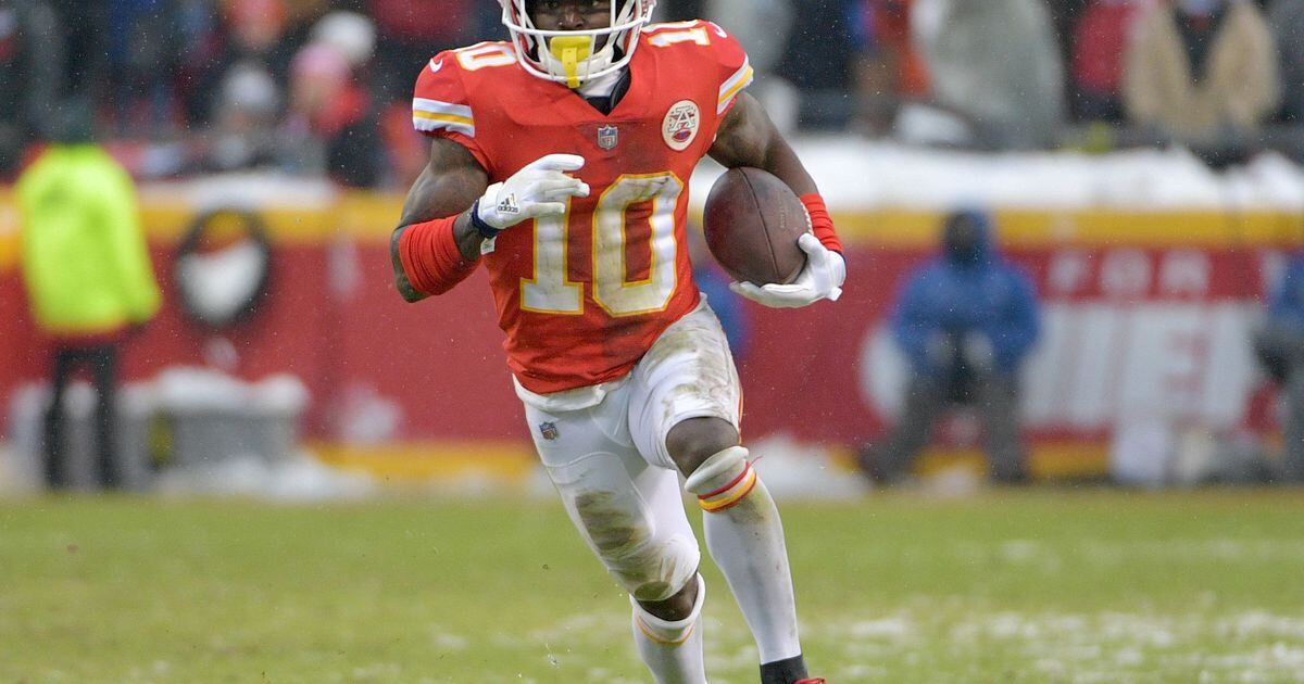 Kansas City Chiefs wide receiver Tyreek Hill wears a jersey and shoulder  patch to mark Salute to Service, before an NFL football game against the  Arizona Cardinals in Kansas City, Mo., Sunday