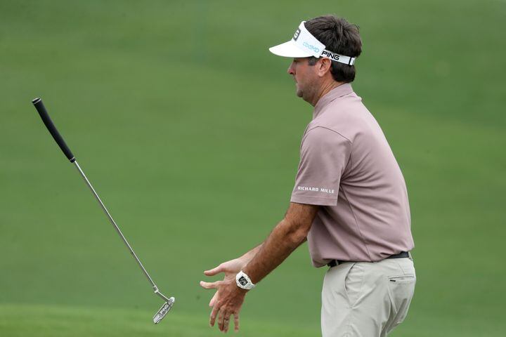 April 10, 2021, Augusta: Bubba Watson flips his putter after he missed a birdie attempt on the second hole during the third round of the Masters at Augusta National Golf Club on Saturday, April 10, 2021, in Augusta. Curtis Compton/ccompton@ajc.com