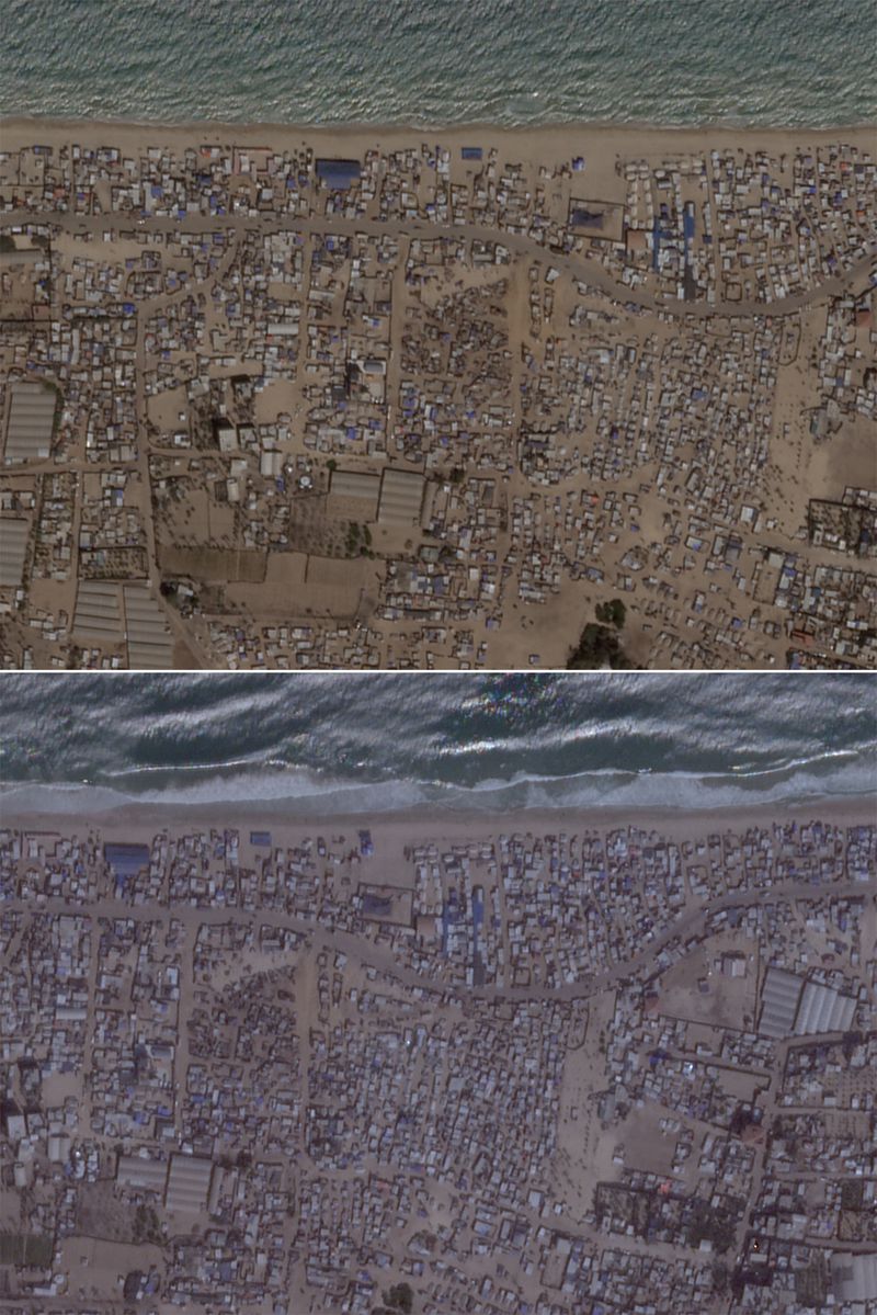 This satellite photo combination from Planet Labs shows tent camps in Al-Mawasi, a Palestinian town on the southern coast of the Gaza Strip that Israel calls a "humanitarian zone" in July 2024, above, and Aug. 2024 below. (Planet Labs via AP)