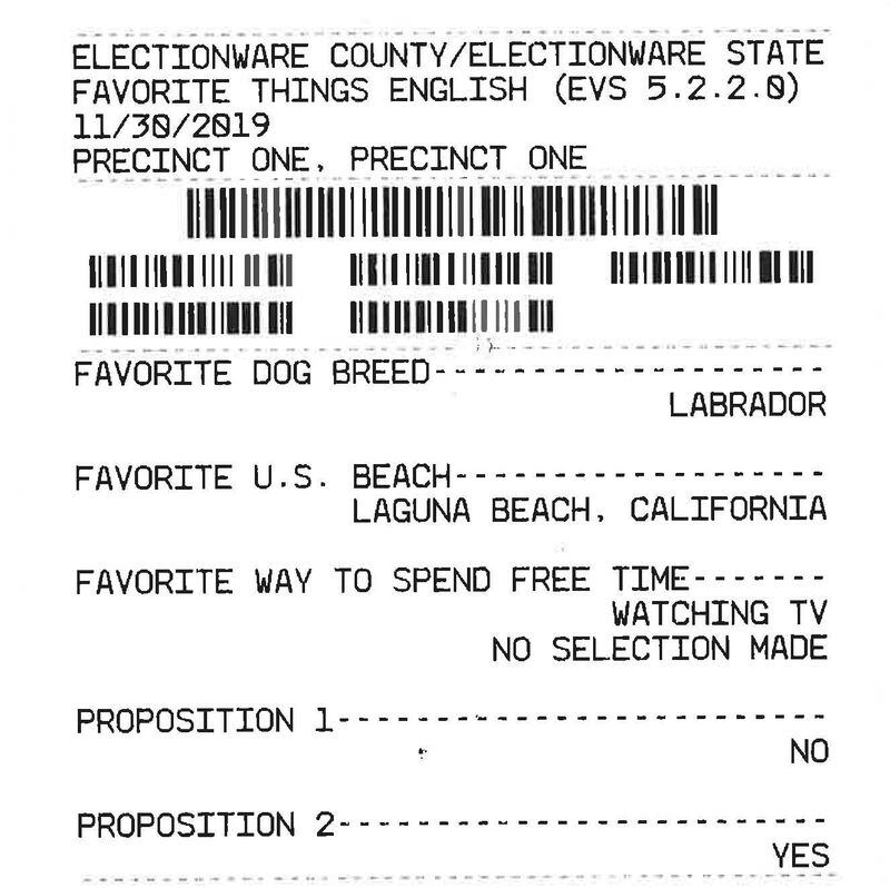 A sample ballot shows how barcodes and voter choices would be displayed using the ExpressVote system, which was tested in a Conyers election in November. The ExpressVote system combines touchscreens and paper ballots to record voters' choices. The Georgia General Assembly is considering legislation, Senate Bill 403, that would replace the state's voting system.
