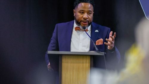 Dekalb County Superintendent Devon Horton delivers his State of the District Address at the Courtyard Marriott in downtown Decatur on Thursday, March 14, 2024. This week, Horton apologized to several hundreds employees whose pay was late. (Miguel Martinez/AJC)