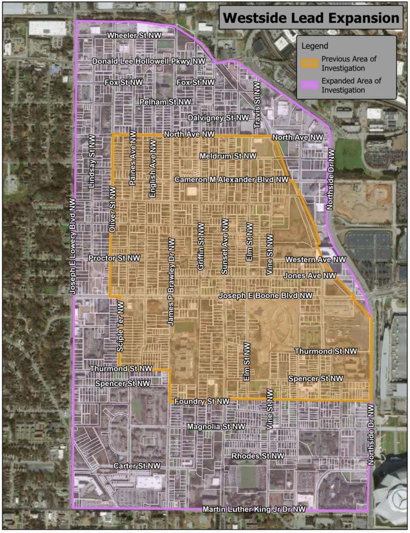The EPA has expanded the area of potential lead contamination in west Atlanta, as shown by the shaded area in purple. EPA