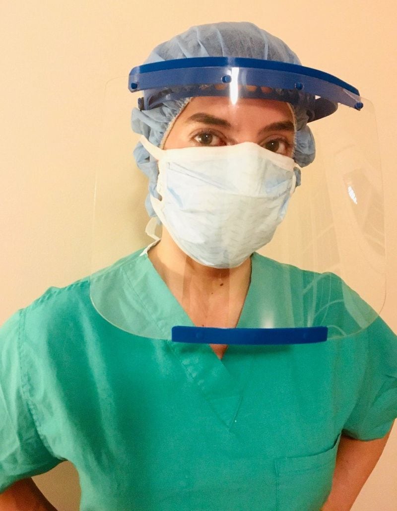 Nurse midwife Diana Calano wears her Shield Athens PPE. Contributed by Diana Calano