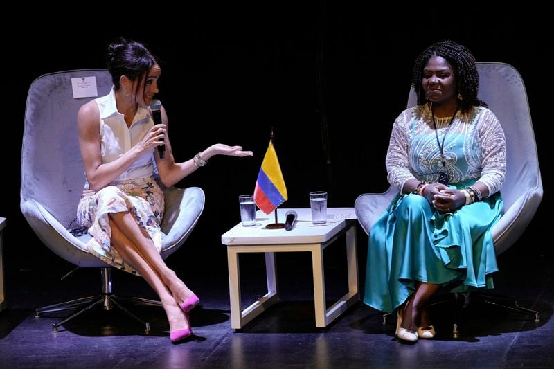 Meghan Markle, Prince Harry's wife, speaks during a forum on Afro women and power alongside Colombian Vice President Francia Marquez in Cali, Colombia, Sunday, Aug. 18, 2024. (AP Photo/Ivan Valencia)