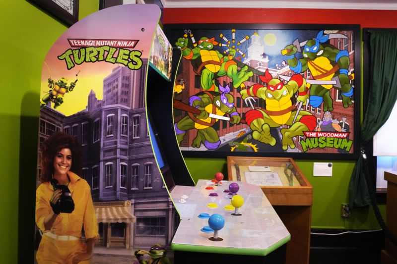 A Teenage Mutant Ninja Turtle arcade video game and painting by a local artist are displayed as part of the permanent collection at the Woodman Museum, Thursday, Sept. 5, 2024, in Dover, N.H. (AP Photo/Charles Krupa)