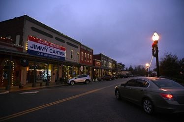 Downtown Plains during sunset on Nov. 26, 2023. Jimmy Carter’s hometown largely dodged Hurricane Helene. (Hyosub Shin/AJC)