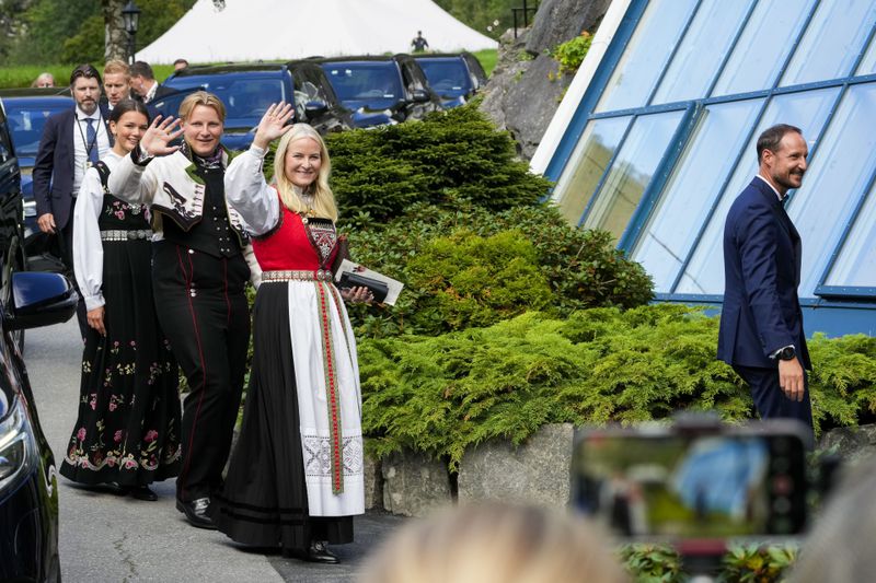 From right, Norway's Crown Prince Haakon, Crown Princess Mette-Marit, Prince Sverre Magnus and Amalie Givaer MacLeod attend the wedding of Norway's Princess Martha Louise and Durek Verrett, in Geiranger, Norway, Saturday Aug. 31, 2024. (Cornelius Poppe/NTB via AP)