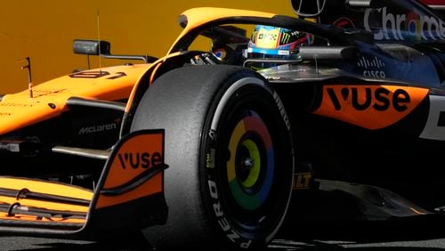 McLaren driver Oscar Piastri of Australia in action during a Formula One Grand Prix in Baku, Azerbaijan, on Sunday, Sept. 15, 2024. (AP Photo/Sergei Grits)