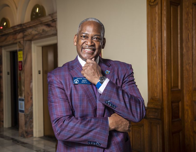 Georgia state Sen. Emanuel Jones, D-Decatur (above) was interrupted by a bell Tuesday has he was questioning Senate Republican Whip Randy Robertson about a bill instituting mandatory minimum sentencing for pimps and johns. (Alyssa Pointer/The Atlanta Journal-Constitution)