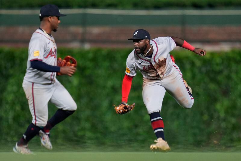 Atlanta Braves center fielder Michael Harris II makes a catch on a fly-out from Chicago Cubs' Seiya Suzuki during the sixth inning of a baseball game Tuesday, May 21, 2024, in Chicago. (AP Photo/Erin Hooley)