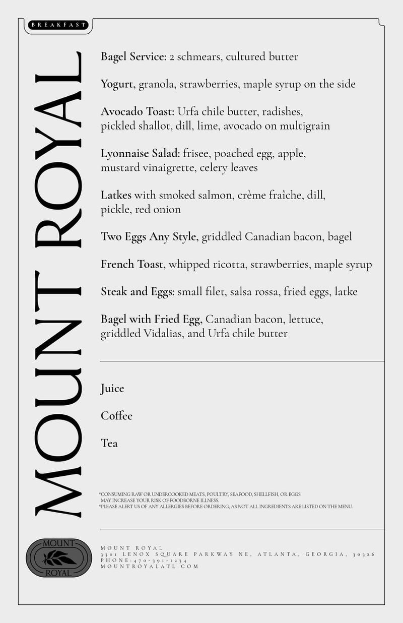 Mount Royal breakfast menu