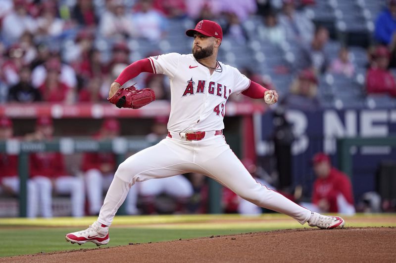 Los Angeles Angels starting pitcher Patrick Sandoval throws to the plate during the first inning of a baseball game against the Cleveland Guardians Friday, May 24, 2024, in Anaheim, Calif. (AP Photo/Mark J. Terrill)