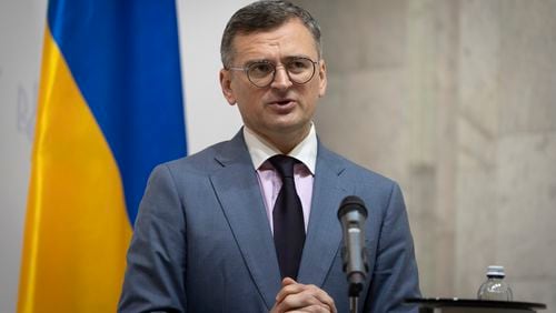 FILE - Ukrainian Foreign Minister Dmytro Kuleba speaks during joint press conference with German Foreign Minister Annalena Baerbock in Kyiv, Ukraine, May 21, 2024. (AP Photo/Efrem Lukatsky, File)