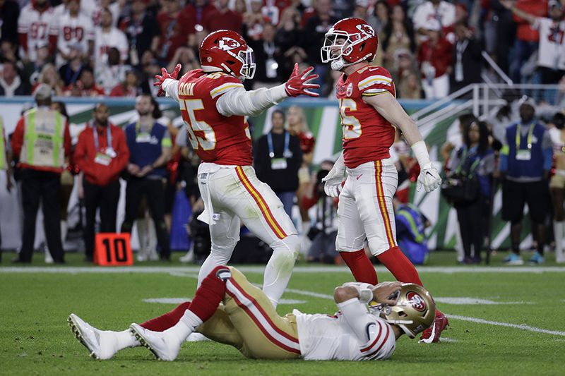 Kansas City Chiefs' Frank Clark (55) and Ben Niemann celebrate over San Francisco 49ers quarterback Jimmy Garoppolo during the second half of Super Bowl 54 Sunday, Feb. 2, 2020, in Miami Gardens, Fla.