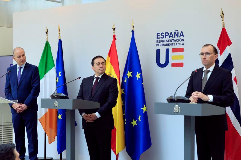 From right, Norway's Foreign Minister Espen Barth Eide, Spain's Foreign Minister Jose Manuel Albares Bueno and Ireland's Foreign Minister Micheal Martin address a media conference prior to talks on the Middle East in Brussels, Monday, May 27, 2024. (AP Photo/Geert Vanden Wijngaert)