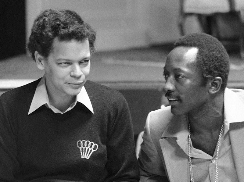 FILE - Civil Rights activist and politician Julian Bond, left, appears with "Saturday Night Live" cast member Garrett Morris during a rehearsal for the sketch comedy series on April 7, 1977, in New York. (AP Photo/Dave Pickoff, File)