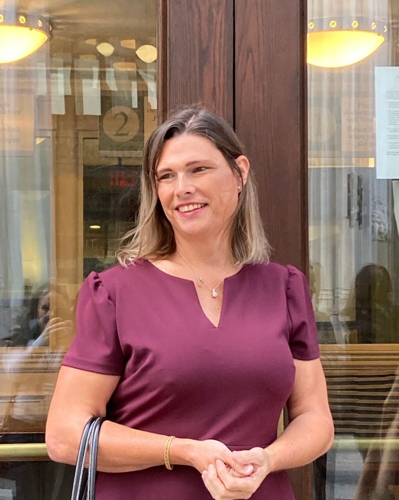 Sgt. Anna Lange outside the 11th Circuit courthouse in Atlanta following arguments in her civil rights case against Houston County and its sheriff.