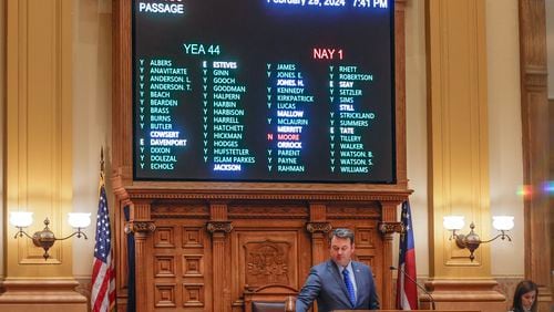 Lt. Gov. Burt Jones hits the gavel after a bill wins passage in in the state Senate on Crossover Day. (Natrice Miller/ Natrice.miller@ajc.com)