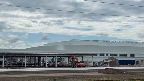 Construction continues at Hyundai's $7.6 billion electric vehicle plant in Ellabell, Ga., Monday, Aug. 26, 2024. (AP Photo/Russ Bynum)