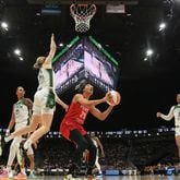 Aerial Powers of the Atlanta Dream goes to the basket during the game on July 14, 2024 at Climate Pledge Arena in Seattle, Washington. (Photo by Scott Eklund/NBAE via Getty Images)