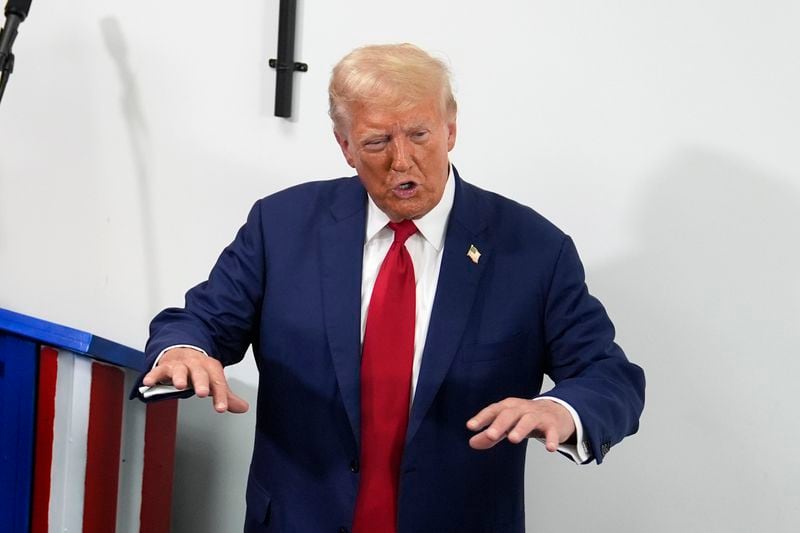 Republican presidential nominee former President Donald Trump speaks during a stop at a campaign office, Monday, Aug. 26, 2024, in Roseville, Mich. (AP Photo/Carolyn Kaster)