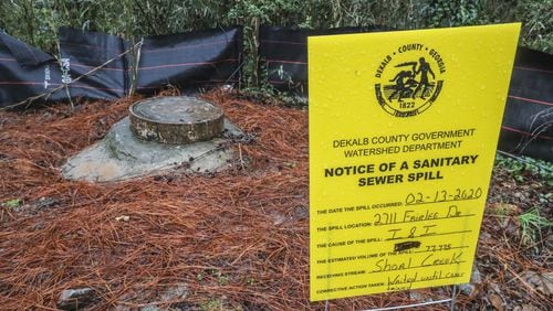 Sewage spill notifications were posted last year at Nancy Creek at 4148 Tilly Milly Road at Bernard Halpern Park in Doraville where sewage overflows occurred. DeKalb County is spending more than $1 billion to upgrade the sewer system. AJC file photo