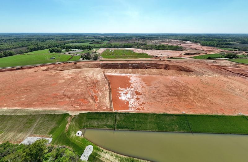 Aerial photograph shows the 1,800-acre Rivian factory site in southern Walton and Morgan counties east of Atlanta, March 30, 2023, in Social Circle. (Hyosub Shin/The Atlanta Journal-Constitution/TNS)