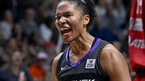 Connecticut Sun forward Alyssa Thomas reacts during the second half in Game 2 of a first-round WNBA basketball playoff series against the Indiana Fever, Wednesday, Sept. 25, 2024, in Uncasville, Conn. (AP Photo/Jessica Hill)