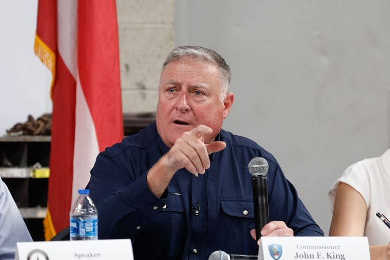 Georgia Insurance and Safety Fire Commissioner John King speaks to state lawmakers and small business leaders during a roundtable discussion on civil litigation policies impacting the state's business climate at Samson Tours headquarters in Atlanta on Thursday, Aug. 22, 2024. (Natrice Miller/ AJC)