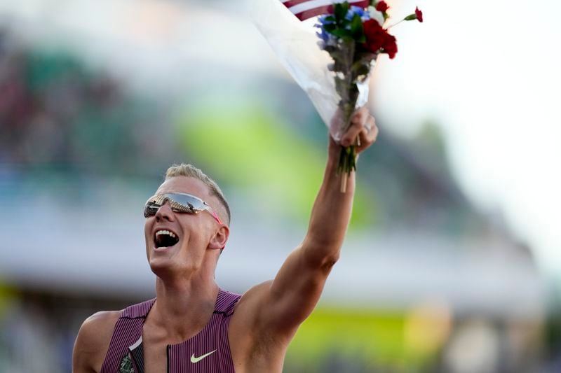 Sam Kendricks celebrates after winning the men's pole vault final during the U.S. Track and Field Olympic Team Trials Sunday, June 23, 2024, in Eugene, Ore.(AP Photo/Charlie Neibergall)