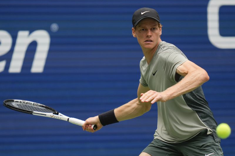 Jannik Sinner, of Italy, returns a shot to Alex Michelsen, of the United States, during the second round of the U.S. Open tennis championships, Thursday, Aug. 29, 2024, in New York. (AP Photo/Julia Nikhinson)