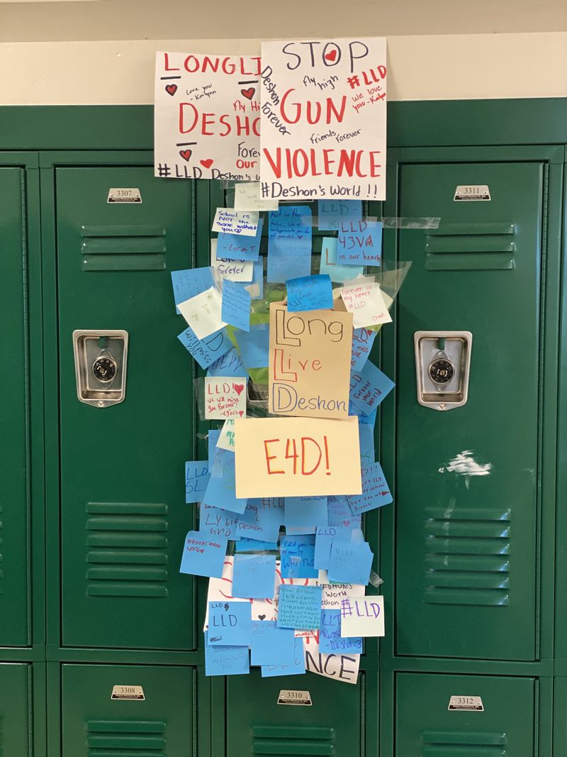 The locker of seventh-grader Deshon DuBose was covered in sticky notes at Drew Charter School.