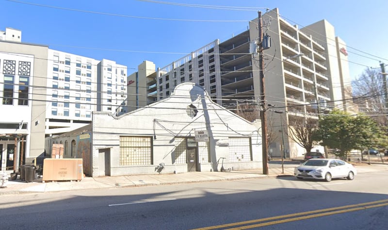 This is a Google Maps screenshot of the current building at 329 Marietta St. in downtown Atlanta.