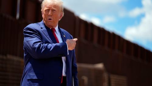 FILE - Republican presidential nominee former President Donald Trump speaks along the southern border with Mexico, on Aug. 22, 2024, in Sierra Vista, Ariz. (AP Photo/Evan Vucci, File)