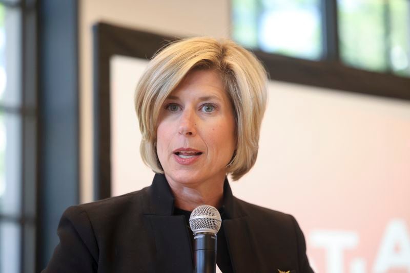 Metro Atlanta Chamber President & CEO Katie Kirkpatrick speaks during the unveiling of the new marketing campaign, “Where You Belong,” at the St. Regis Hotel, Monday, April 22, 2024, in Atlanta. (Jason Getz / AJC)
