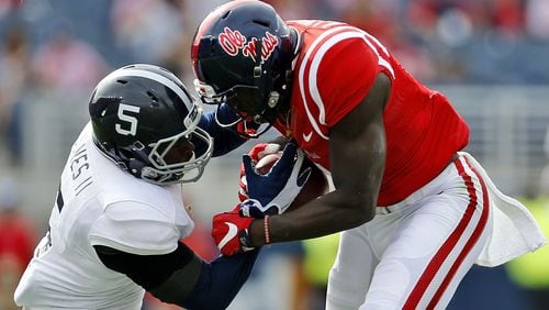 Georgia Southern's Darius Jones Jr. intercepts the ball against A.J. Brown of the Mississippi Rebels during the second half at Vaught-Hemingway Stadium Nov. 5, 2016, in Oxford, Miss.