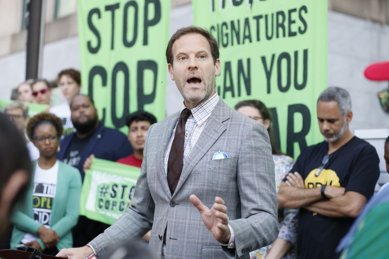 Kurt Kastorf, a legal counsel of the opponents of Atlanta’s planned public safety training center, speaks during a press conference outside Atlanta City Hall on Monday, Sept. 11, 2023. Many organizations aligned with the forest defenders intended to present their petition with 100,000 signatures to Atlanta on Monday, Sept. 10, 2023.Miguel Martinez /miguel.martinezjimenez@ajc.com