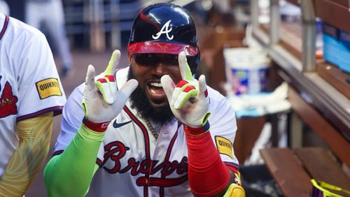 Atlanta Braves' Marcell Ozuna celebrates after hitting a solo home run against the Boston Red Sox during the third inning of a baseball game Wednesday, May 8, 2024, in Atlanta. (Jason Getz/Atlanta Journal-Constitution via AP)