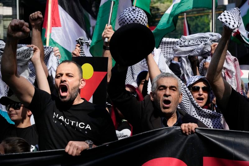 Pro-Palestinian supporters rally in Sydney, Sunday, Oct. 6, 2024. (AP Photo/Rick Rycroft)