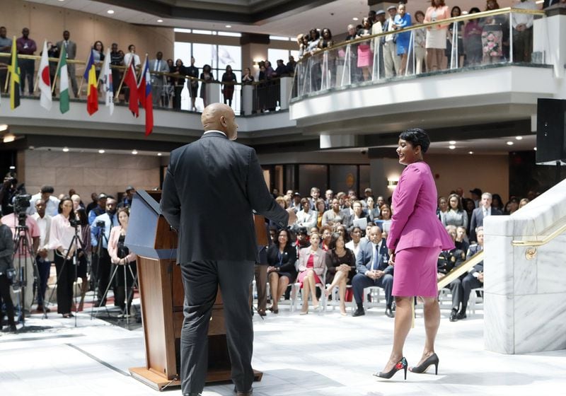 Atlanta Mayor Keisha Lance Bottoms (right) and Chief Operating Officer Richard Cox answered showed a brief demonstration of a new online portal the city has developed that will allow citizens to track government spending. The system should be operational in about two months. BOB ANDRES/BANDRES@AJC.COM